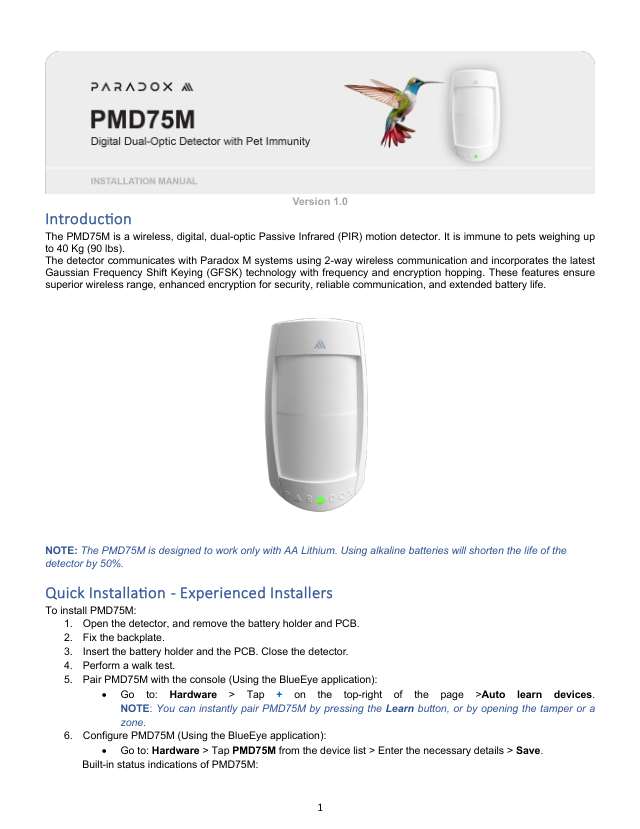 Page 1 of PMD75M Installation Manual V1